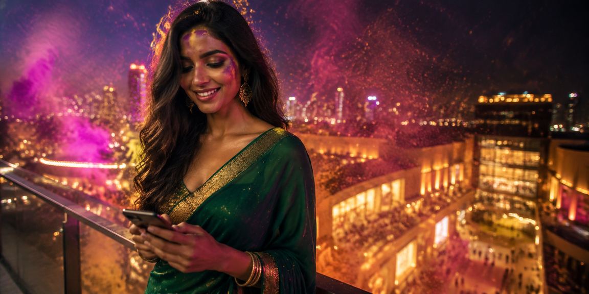 An Indian woman enjoying mobile casino betting at home in Delhi with traditional attire