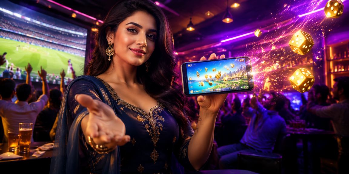 Female Indian cricket fan placing bets on local sports events via smartphone
