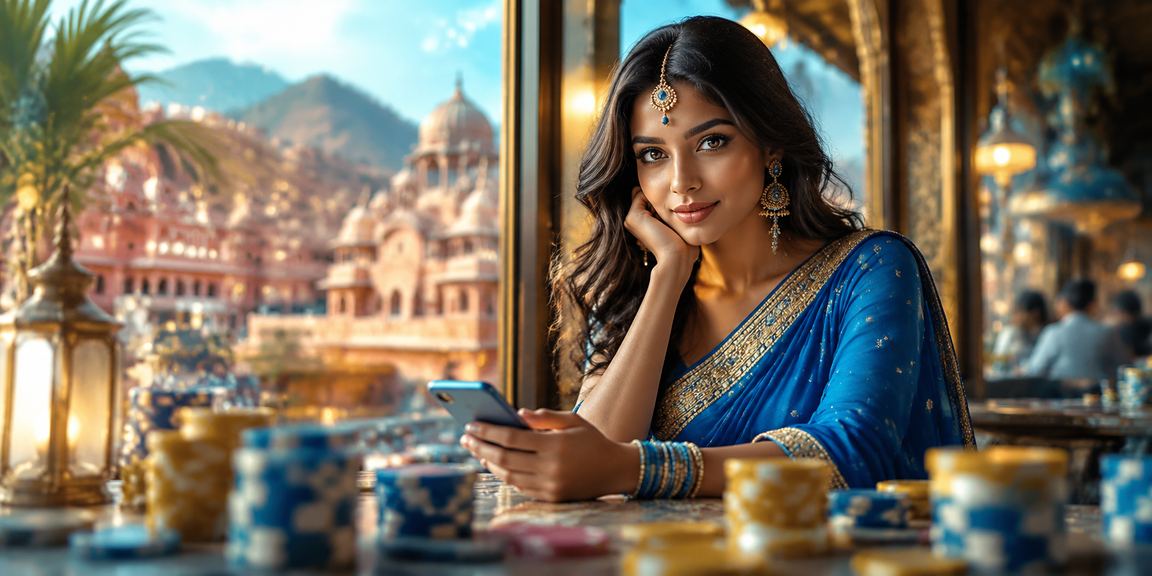 Indian player using mobile payments on blue and gold themed app interface