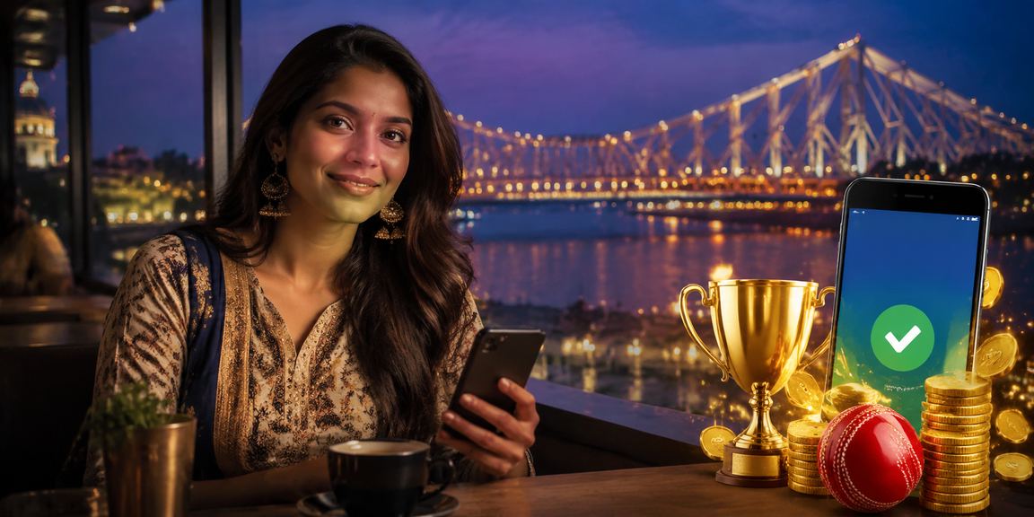 Young Indian user betting on Aviator game while viewing Kolkata Howrah Bridge